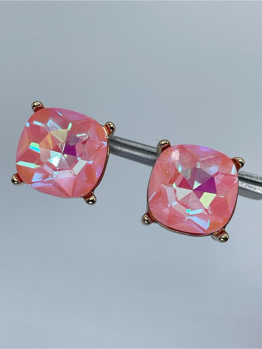 Pink Crystal Glass Cushion Cut Gold Tone Stud Earrings Statement Sparkle